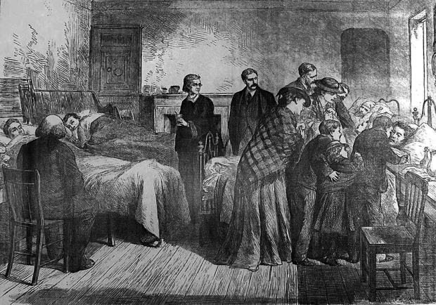 Old newspaper drawing of a hospital ward with family visiting the patients