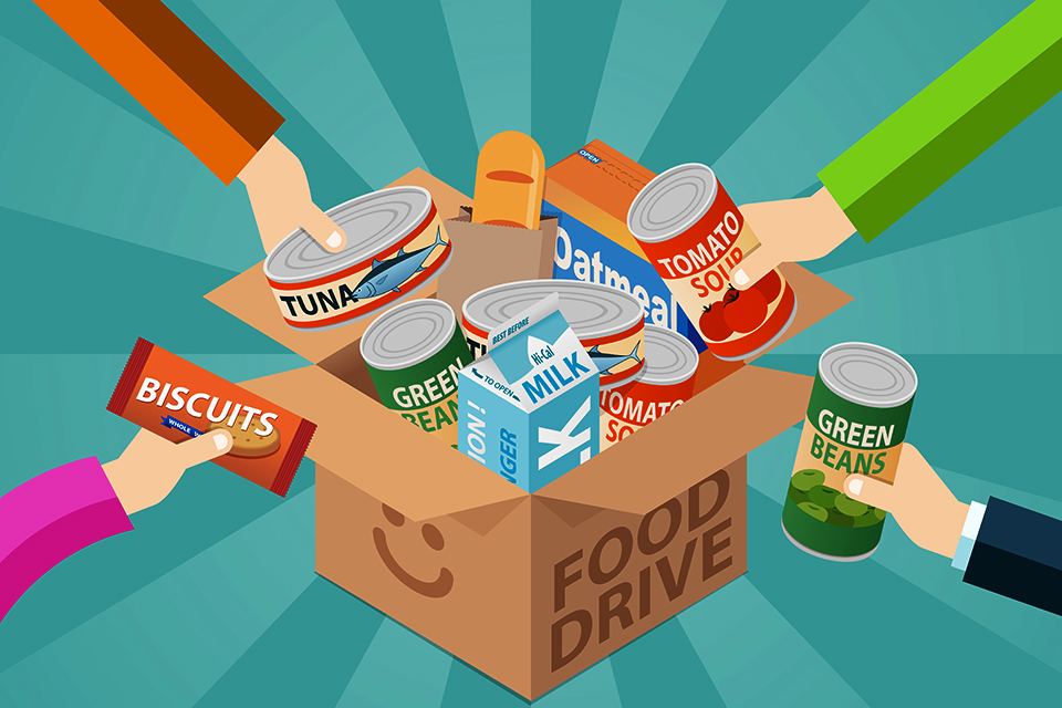Animated image showing various tinned foods placed into a cardboard box