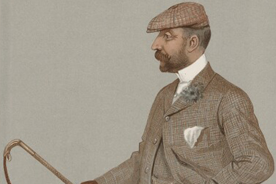 Portrait of Ernest Terah Hooley in flat cap and tweeds. Ernest Hooley from a Vanity Fair portrait. Licence: Creative Commons Attribution National Portrait Gallery