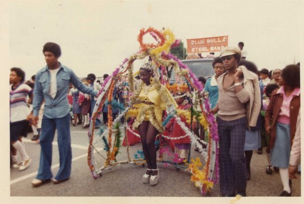 Irma Brandy pictured at the front of the Moss Side Carnival in 1976