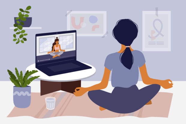 Animated character watching online classes on laptop, practicing yoga, meditation.