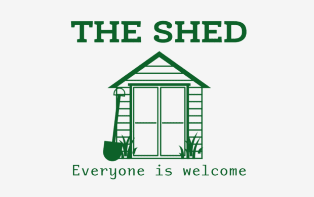 Graphic design image of a shed with the words everyone is welcome