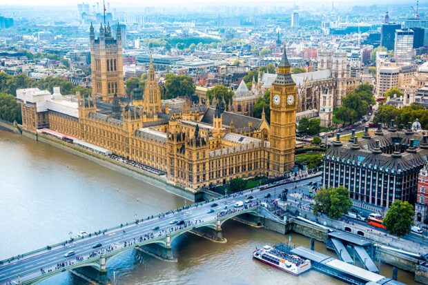 Aerial view of the Houses of Parliament in London